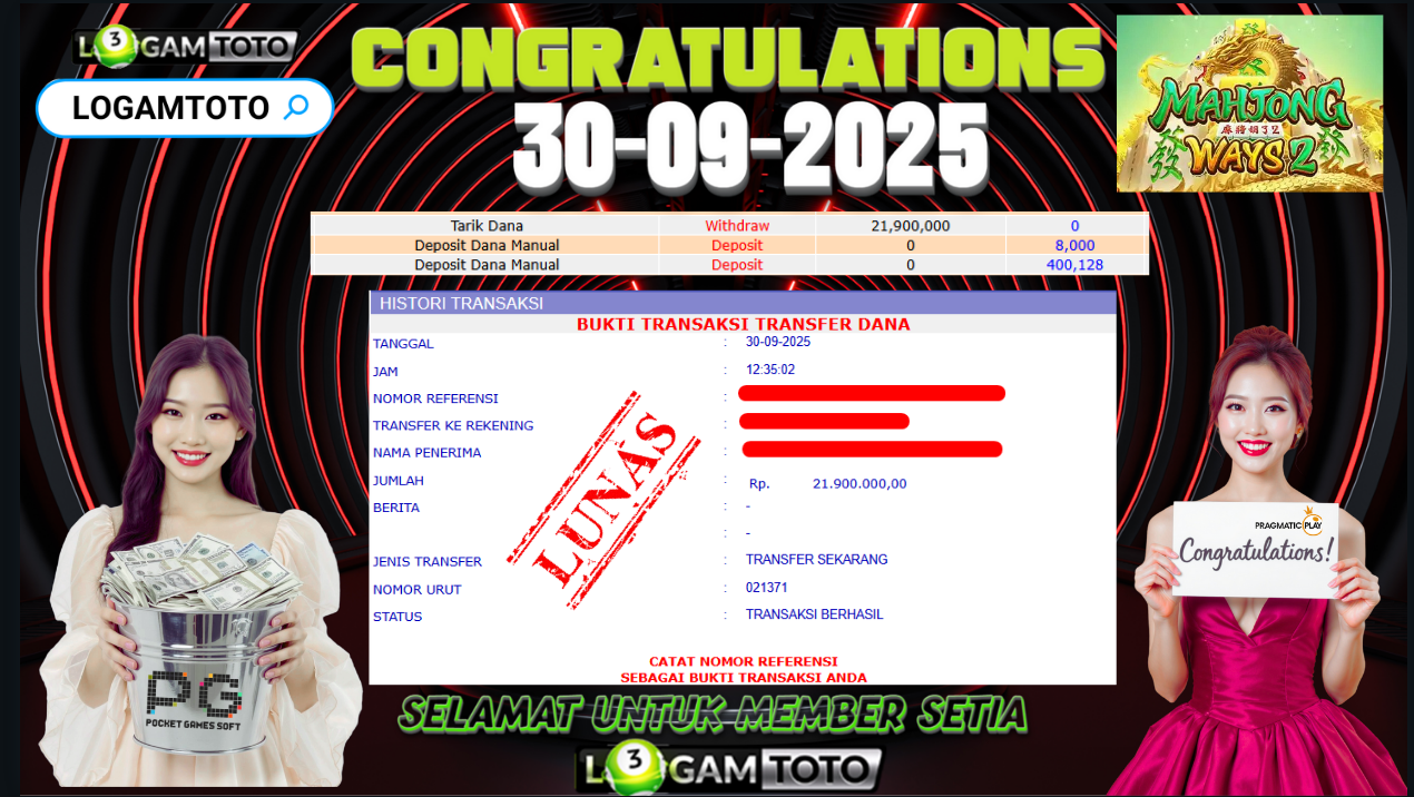 SELAMAT KEPADA MEMBER SETIA LOGAMTOTO BERHASIL JACKPOT DI PERMAINAN SLOT MAHJONG WAYS 2